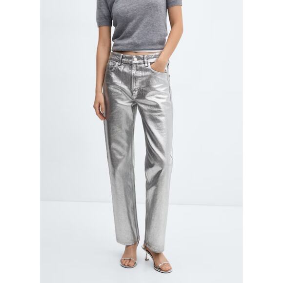 NWT Mango Silver Metallic Straight Leg Jeans High Waisted Womens Size 2 - Picture 1 of 6